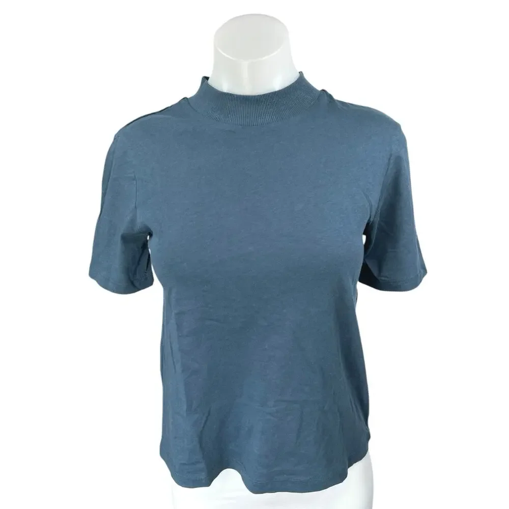 Zara Women's Blue Short Sleeve Mock Neck Knit Stretch T Shirt Tee Top Size S - Picture 1 of 3